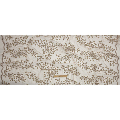 3D Puffy Glitter Tulle - Taupe Leafy Vines and Scalloped Borders