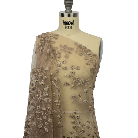 3D Puffy Glitter Tulle - Taupe Leafy Vines and Scalloped Borders