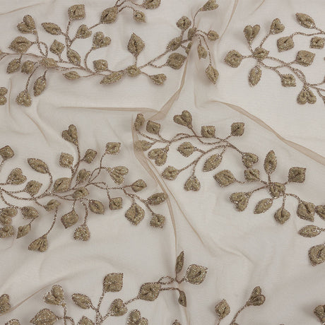 3D Puffy Glitter Tulle - Taupe Leafy Vines and Scalloped Borders