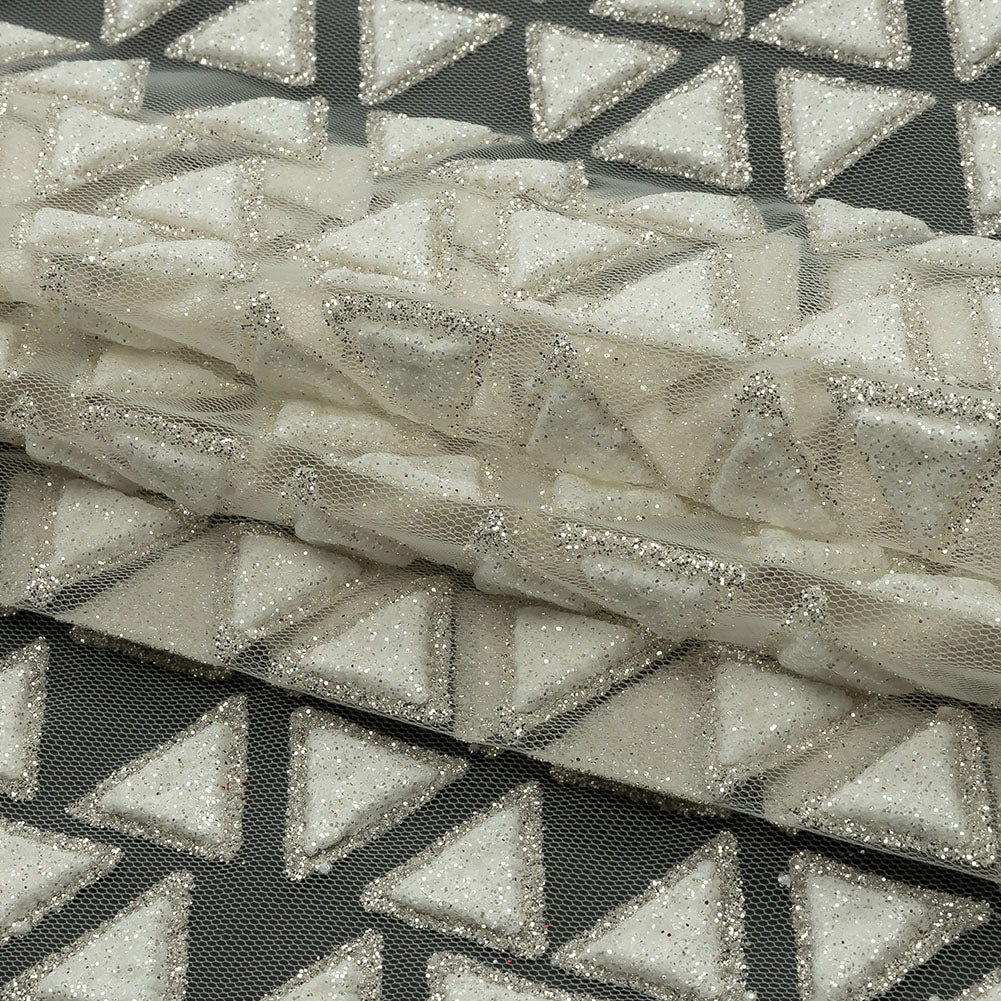 3D Puffy Glitter Tulle - Brilliant White Triangle Rows