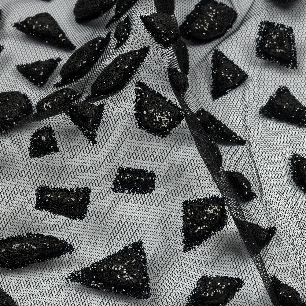 3D Puffy Glitter Tulle - Black Geometric Gradient