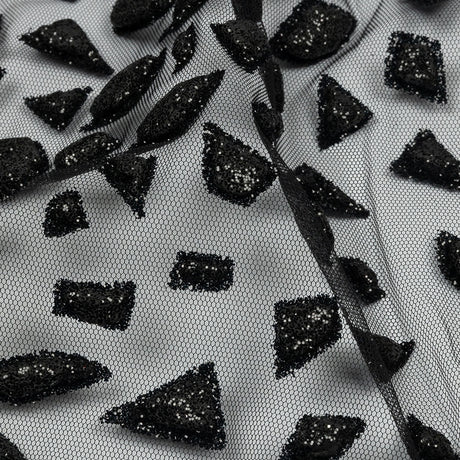 3D Puffy Glitter Tulle - Black Geometric Gradient