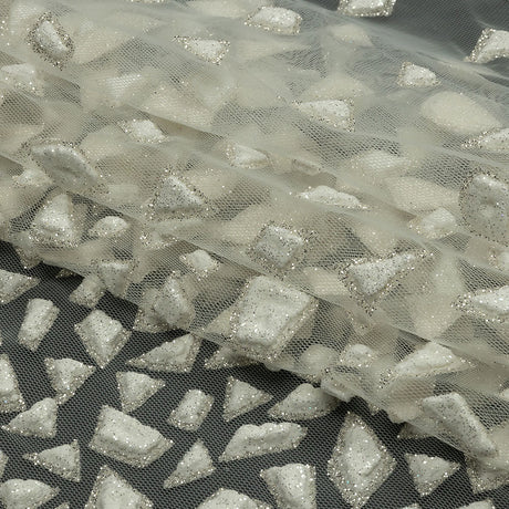 3D Puffy Glitter Tulle - Off White Geometric Gradient