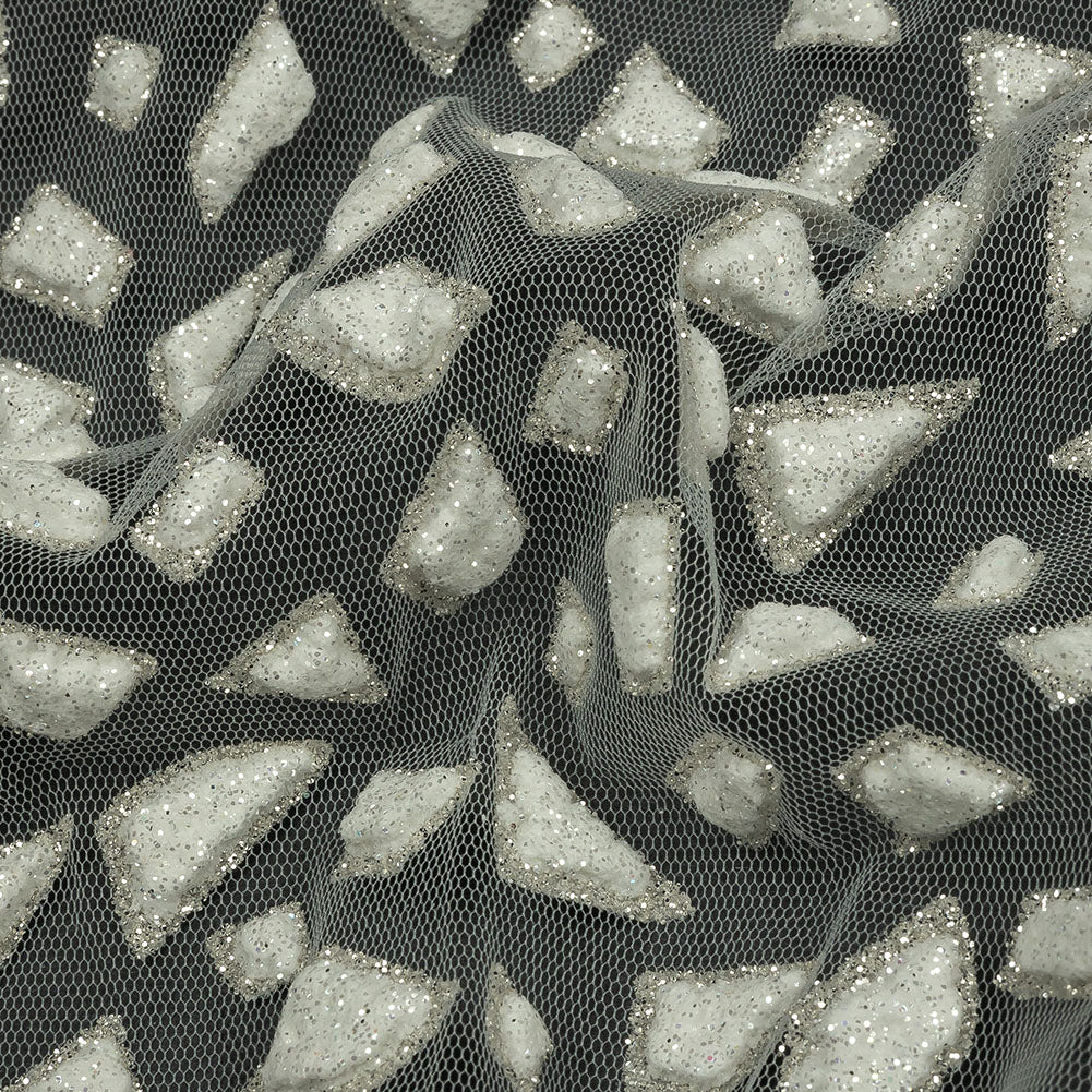 3D Puffy Glitter Tulle - Off White Geometric Gradient