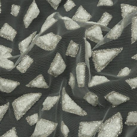 3D Puffy Glitter Tulle - Off White Geometric Gradient