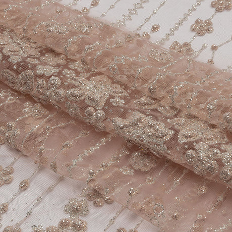 3D Puffy Glitter Tulle - Powder Pink and Silver Dotted Stripes and Floral Border