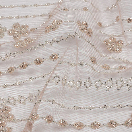 3D Puffy Glitter Tulle - Powder Pink and Silver Dotted Stripes and Floral Border