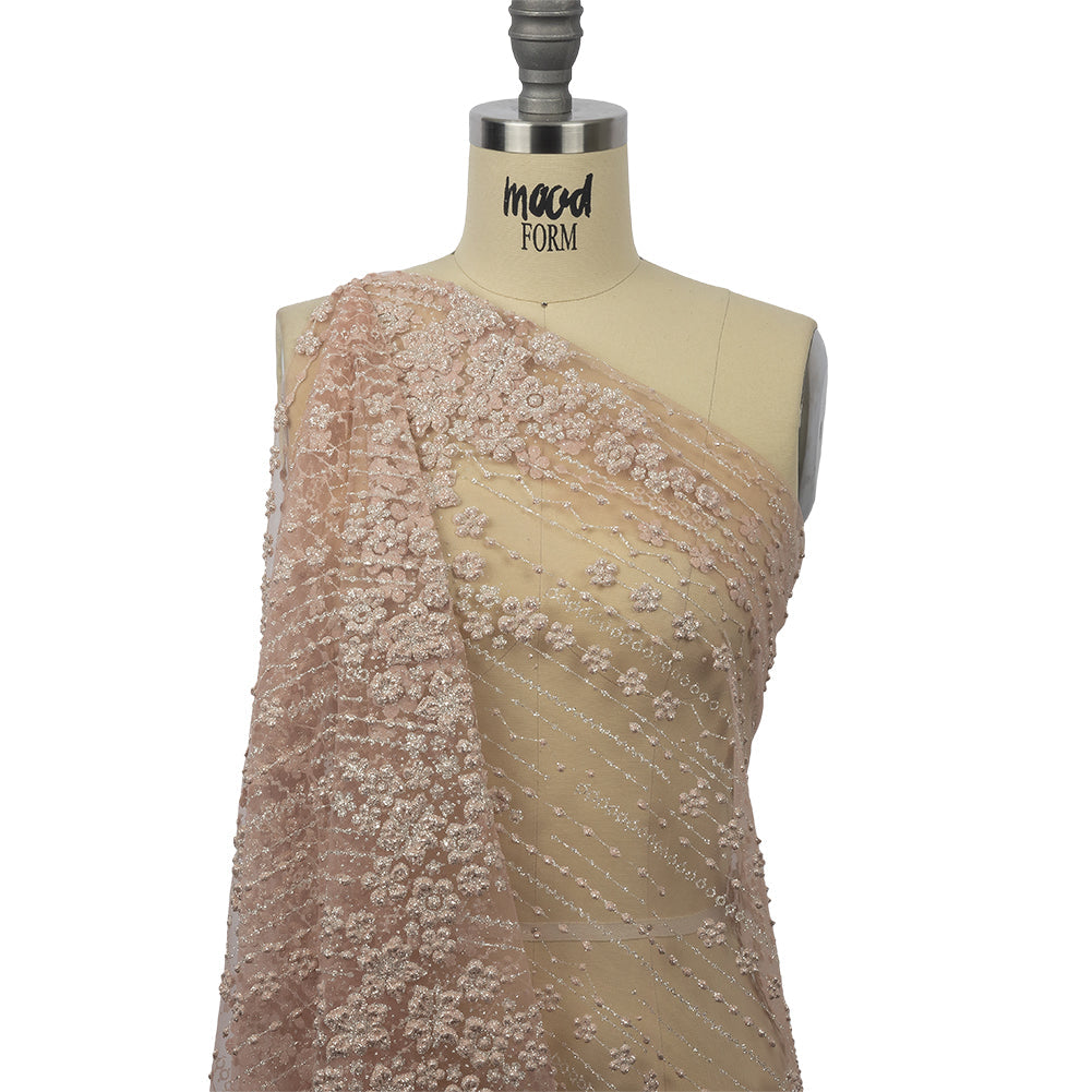 3D Puffy Glitter Tulle - Powder Pink and Silver Dotted Stripes and Floral Border