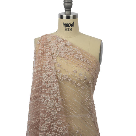 3D Puffy Glitter Tulle - Powder Pink and Silver Dotted Stripes and Floral Border