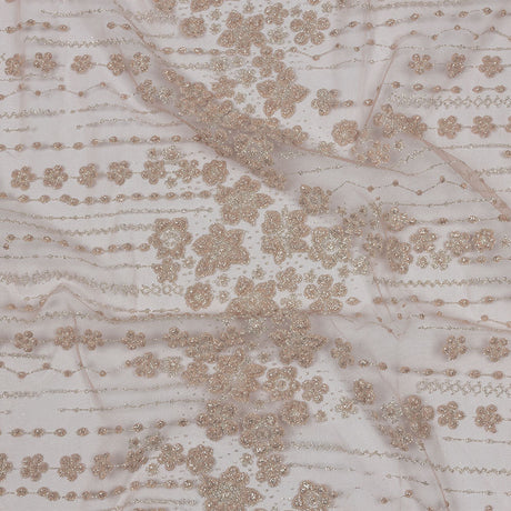 3D Puffy Glitter Tulle - Powder Pink and Silver Dotted Stripes and Floral Border