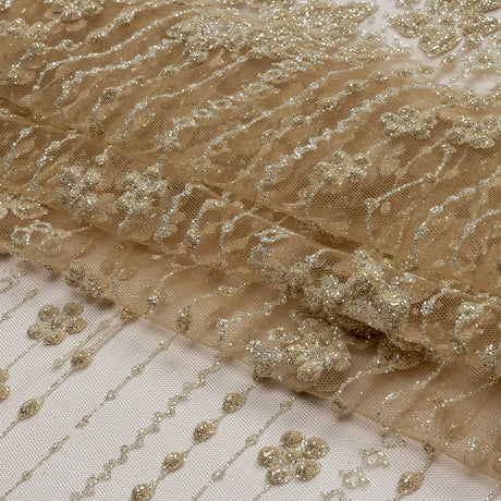 3D Puffy Glitter Tulle - Tan and Silver Dotted Stripes and Floral Border