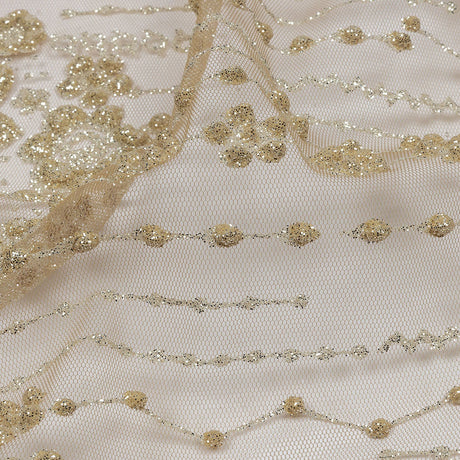 3D Puffy Glitter Tulle - Tan and Silver Dotted Stripes and Floral Border