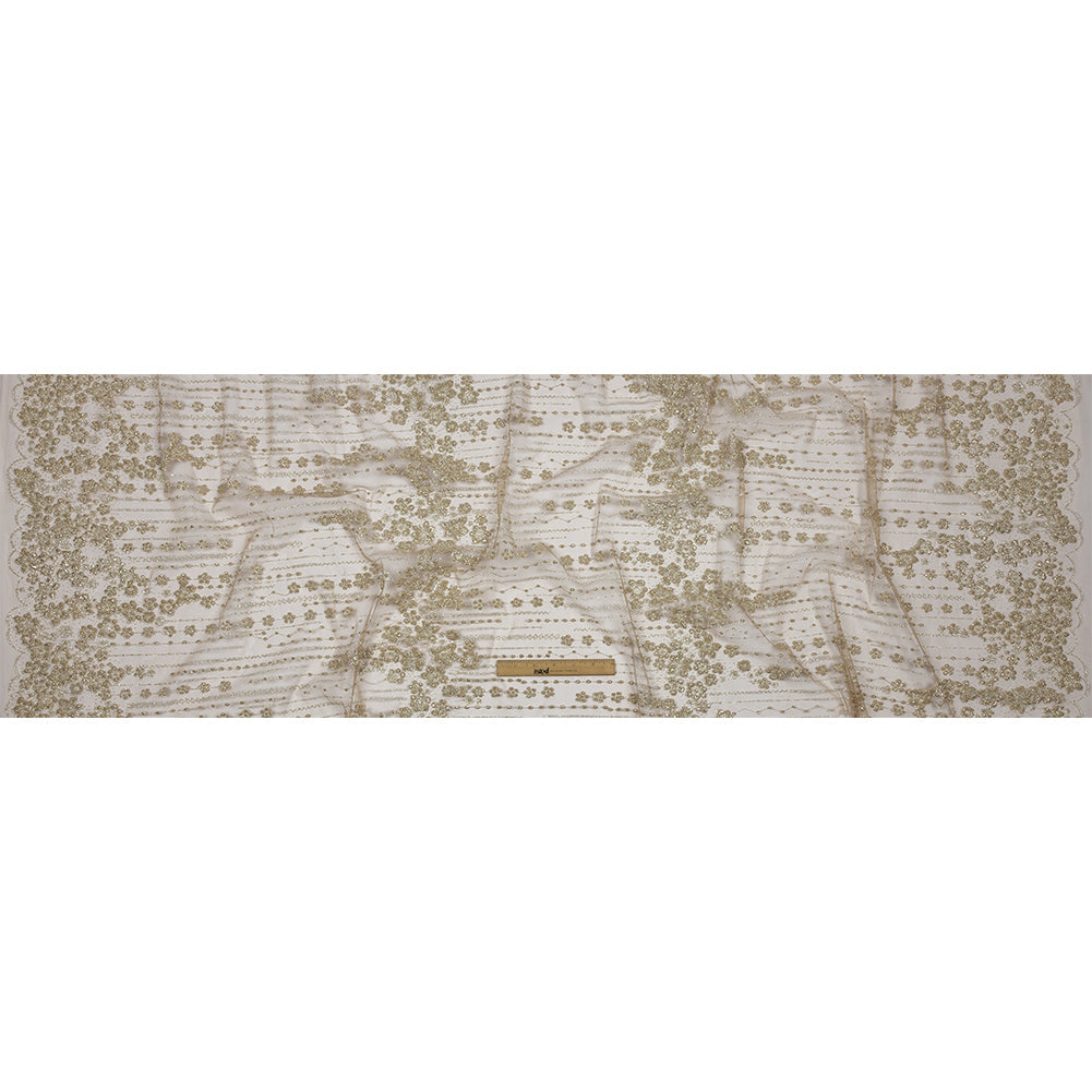 3D Puffy Glitter Tulle - Tan and Silver Dotted Stripes and Floral Border