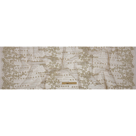 3D Puffy Glitter Tulle - Tan and Silver Dotted Stripes and Floral Border