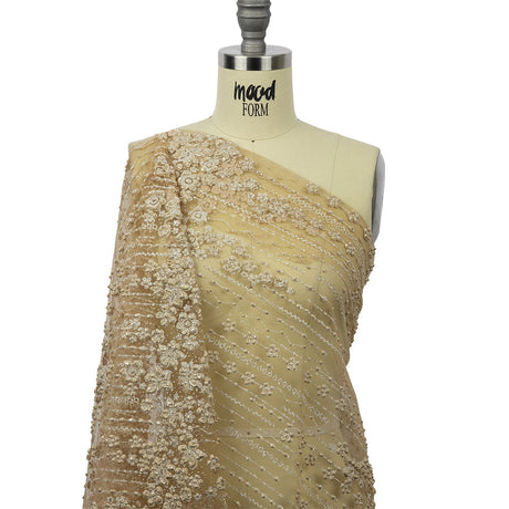 3D Puffy Glitter Tulle - Tan and Silver Dotted Stripes and Floral Border