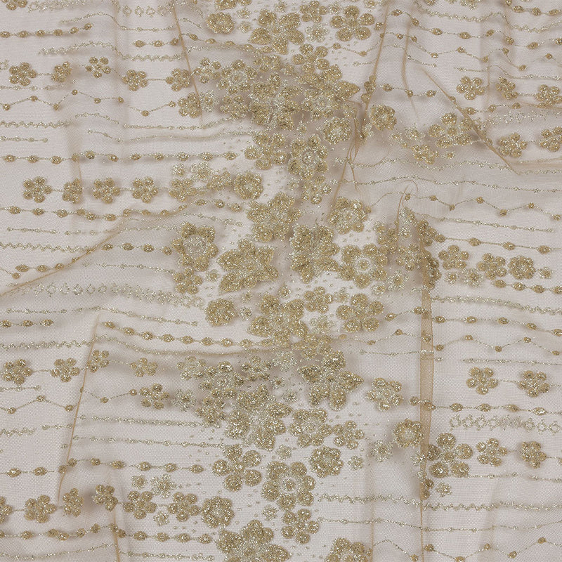 3D Puffy Glitter Tulle - Tan and Silver Dotted Stripes and Floral Border