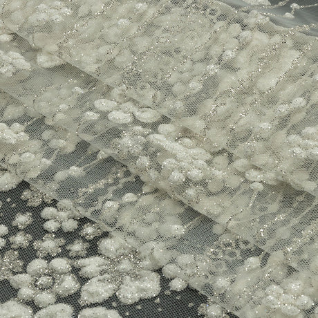 3D Puffy Glitter Tulle - White and Silver Dotted Stripes and Floral Border