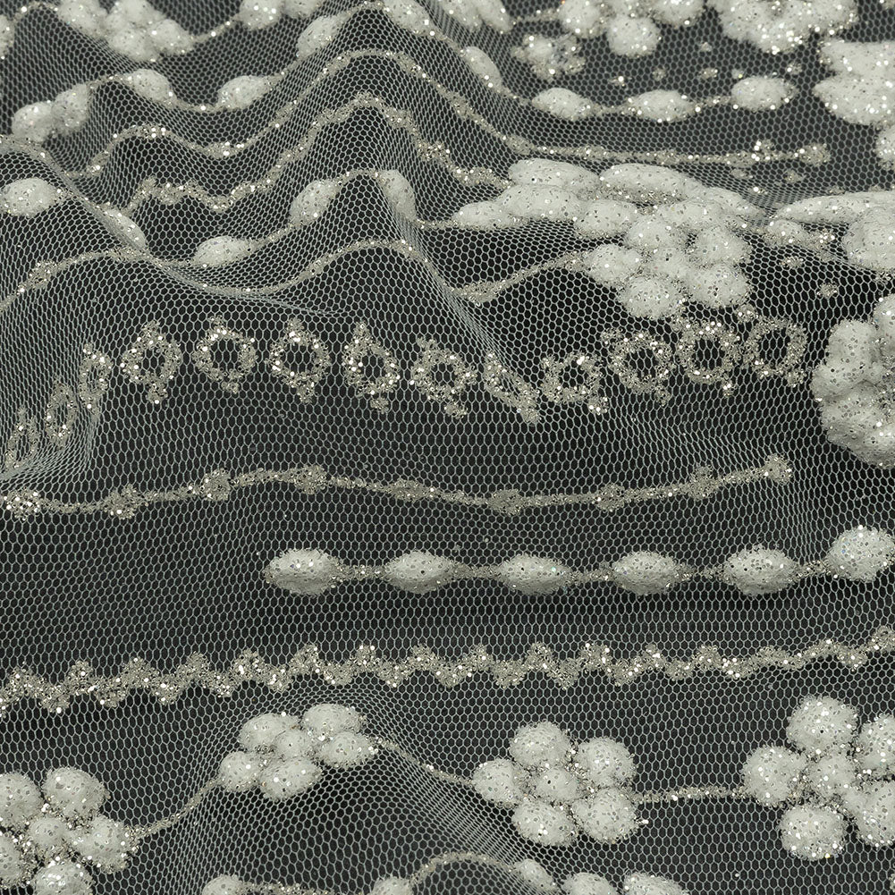 3D Puffy Glitter Tulle - White and Silver Dotted Stripes and Floral Border