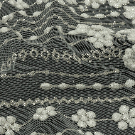 3D Puffy Glitter Tulle - White and Silver Dotted Stripes and Floral Border