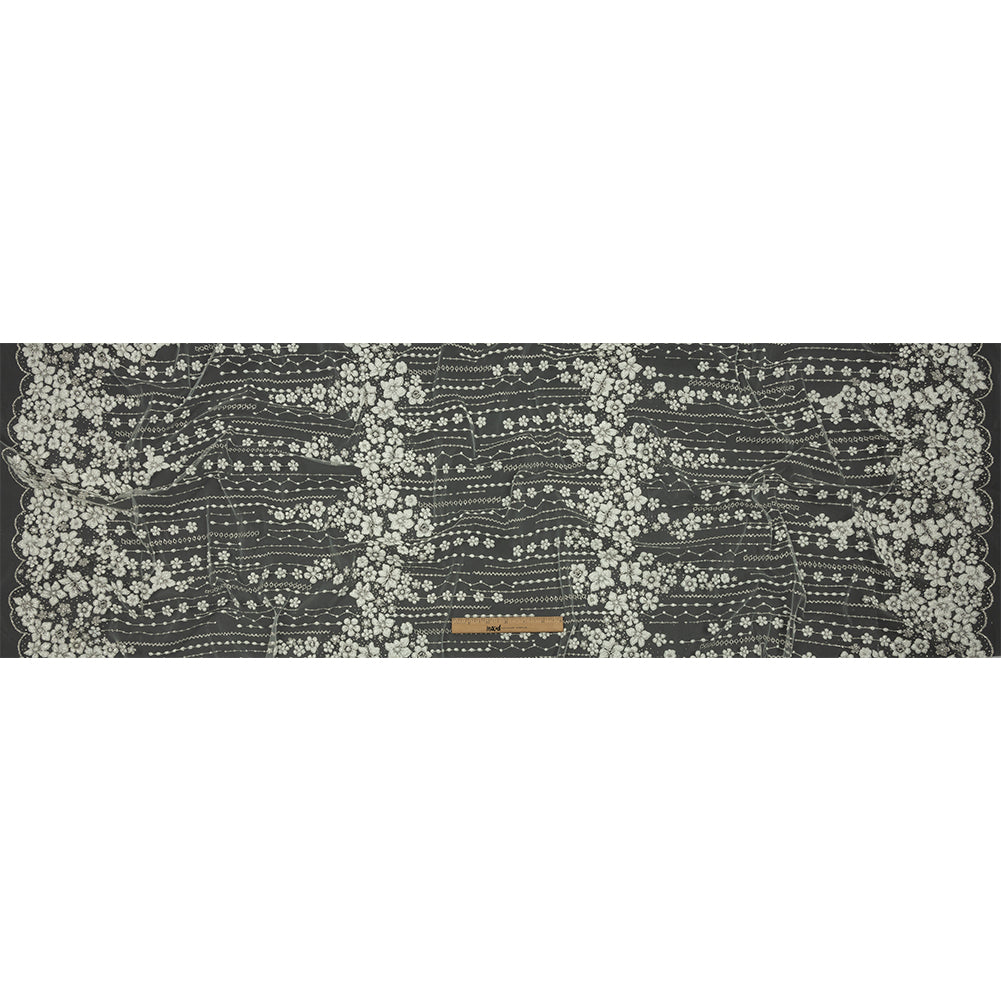 3D Puffy Glitter Tulle - White and Silver Dotted Stripes and Floral Border