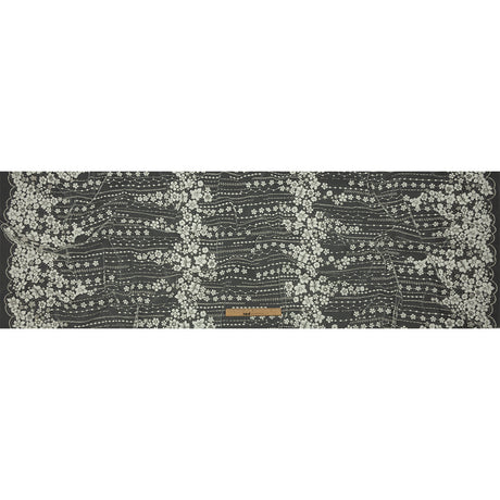 3D Puffy Glitter Tulle - White and Silver Dotted Stripes and Floral Border