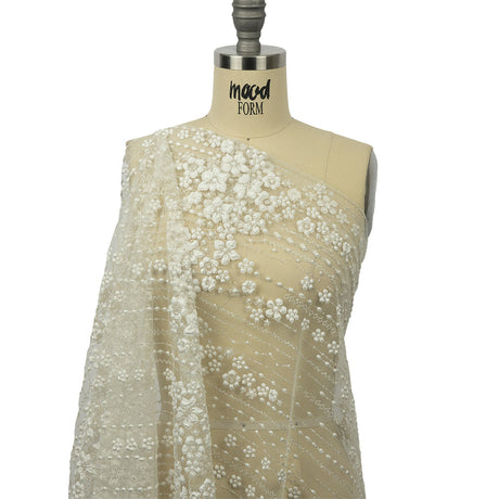 3D Puffy Glitter Tulle - White and Silver Dotted Stripes and Floral Border