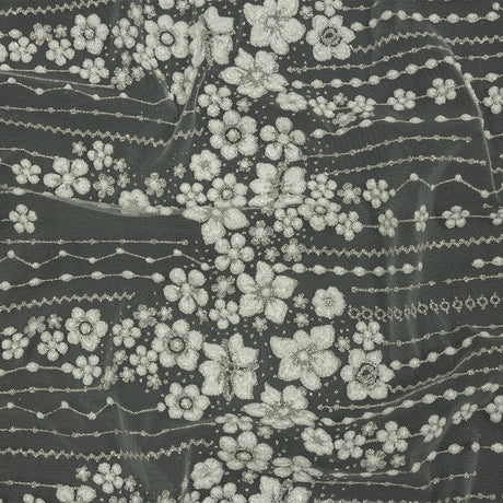 3D Puffy Glitter Tulle - White and Silver Dotted Stripes and Floral Border