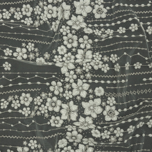 3D Puffy Glitter Tulle - White and Silver Dotted Stripes and Floral Border