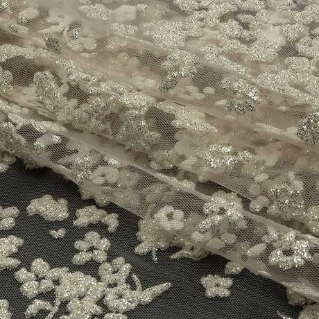 3D Puffy Glitter Tulle - Champagne and White Floral