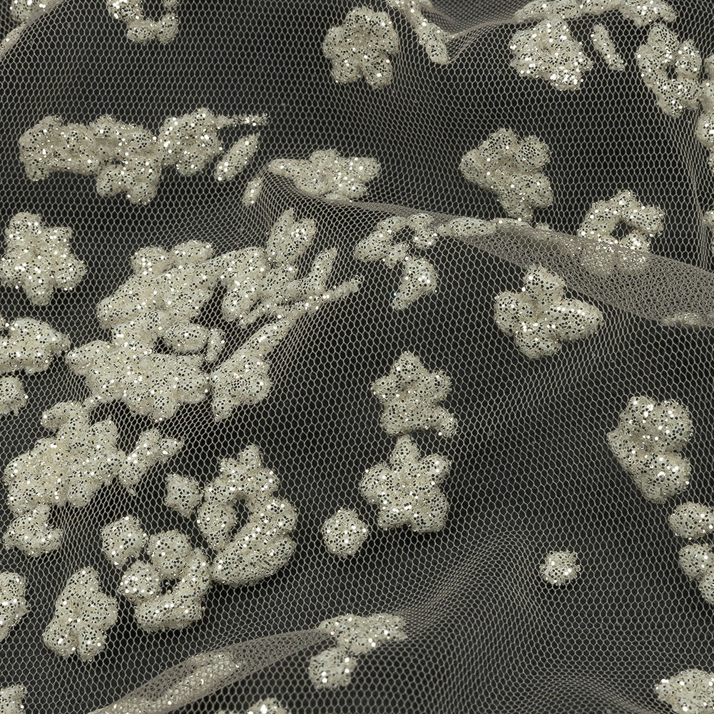 3D Puffy Glitter Tulle - Champagne and White Floral