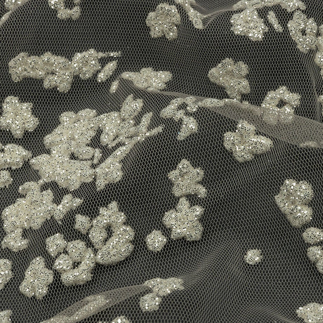 3D Puffy Glitter Tulle - Champagne and White Floral