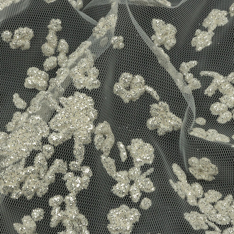 3D Puffy Glitter Tulle - White Floral