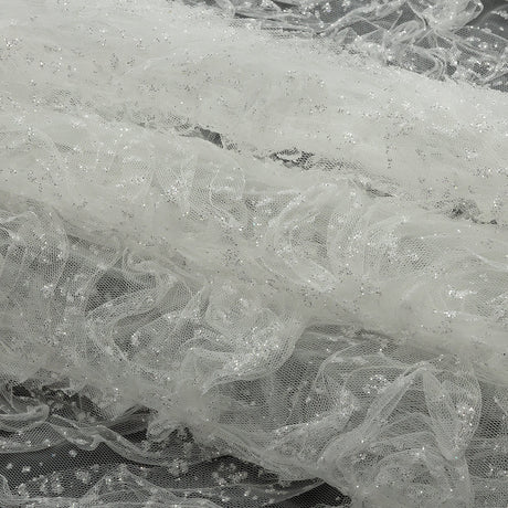 3D Fabric Roses Glitter Tulle - White
