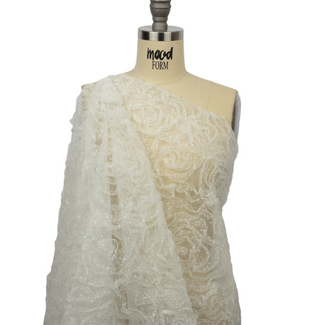 3D Fabric Roses Glitter Tulle - White