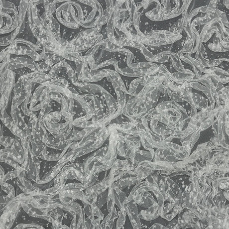 3D Fabric Roses Glitter Tulle - White