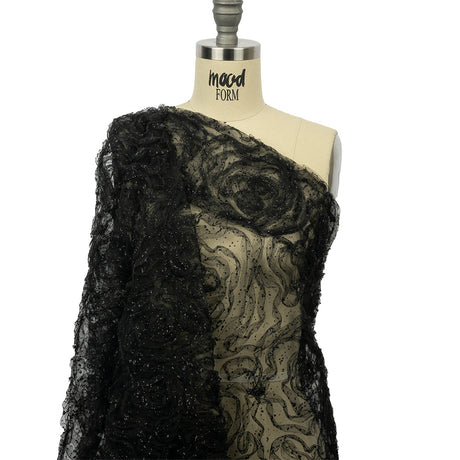 3D Fabric Roses Glitter Tulle - Black