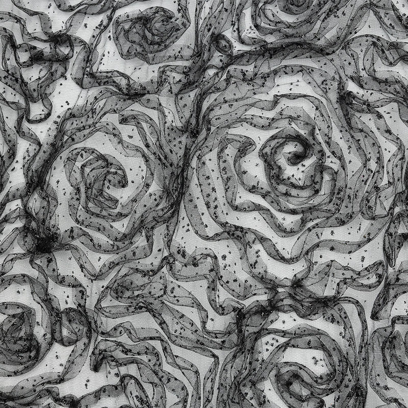 3D Fabric Roses Glitter Tulle - Black
