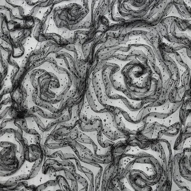 3D Fabric Roses Glitter Tulle - Black