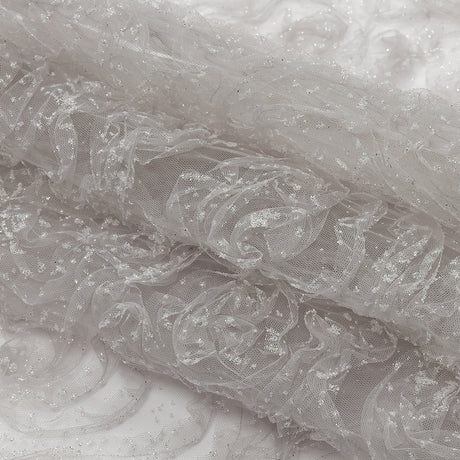 3D Fabric Roses Glitter Tulle - Light Gray