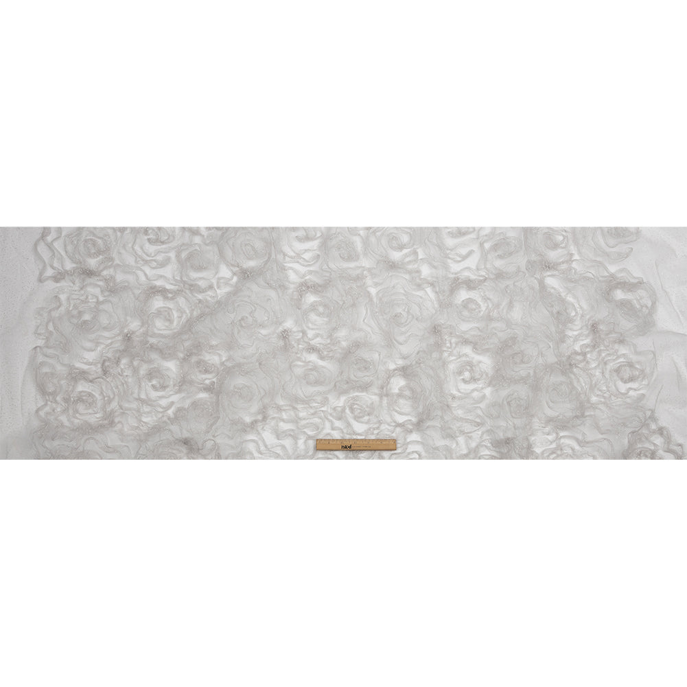 3D Fabric Roses Glitter Tulle - Light Gray
