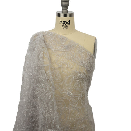3D Fabric Roses Glitter Tulle - Light Gray