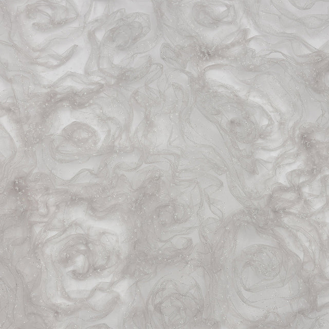 3D Fabric Roses Glitter Tulle - Light Gray