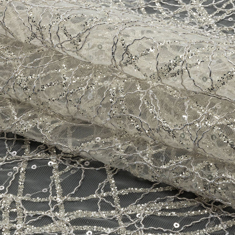 Corded Glitter Tulle with Sequins - White and Metallic Silver Abstract