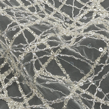 Corded Glitter Tulle with Sequins - White and Metallic Silver Abstract