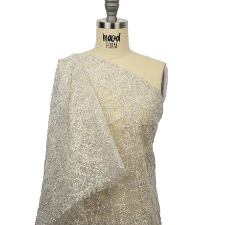 Corded Glitter Tulle with Sequins - White and Metallic Silver Abstract