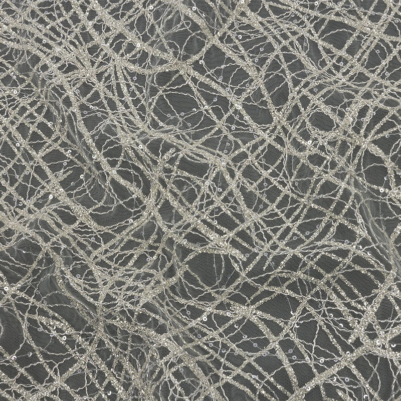 Corded Glitter Tulle with Sequins - White and Metallic Silver Abstract
