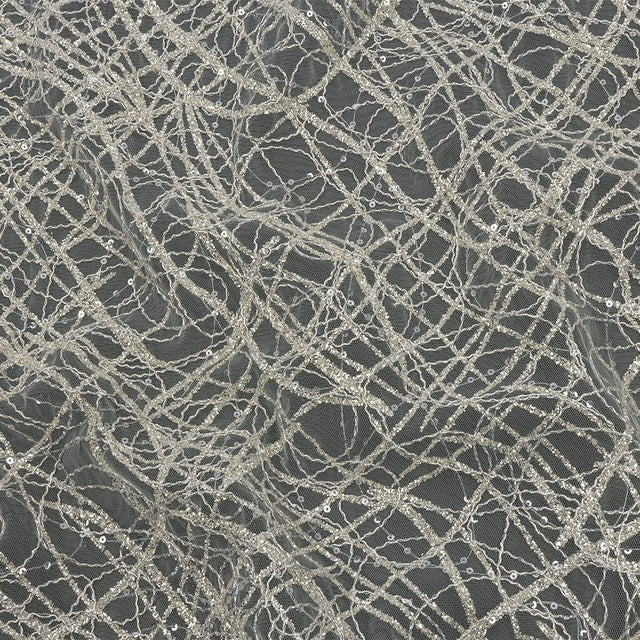 Corded Glitter Tulle with Sequins - White and Metallic Silver Abstract