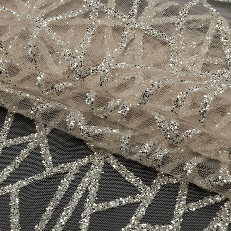 Glitter Tulle - Champagne and Silver Linear Geometry