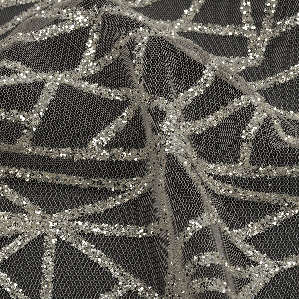 Glitter Tulle - Champagne and Silver Linear Geometry