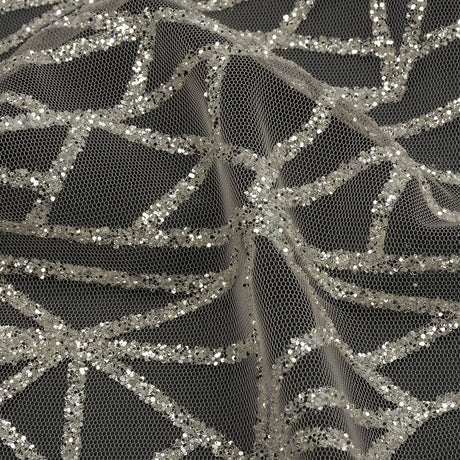 Glitter Tulle - Champagne and Silver Linear Geometry
